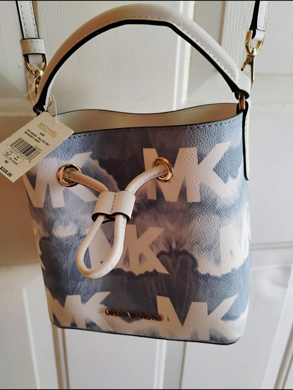 Michael Kors Blue & White Logo Drawstring Bucket Bag